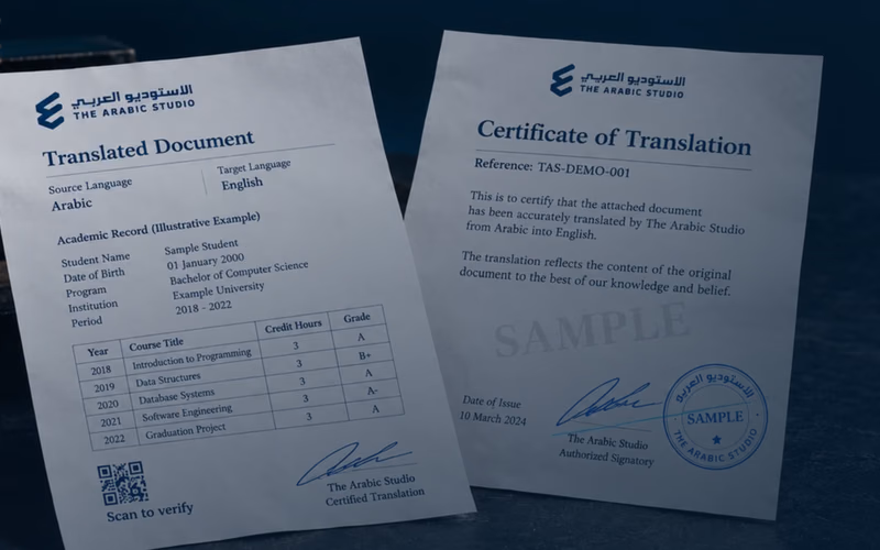 نموذج توضيحي لمستند مترجم وشهادة ترجمة من الاستوديو العربي، يحمل علامة SAMPLE.