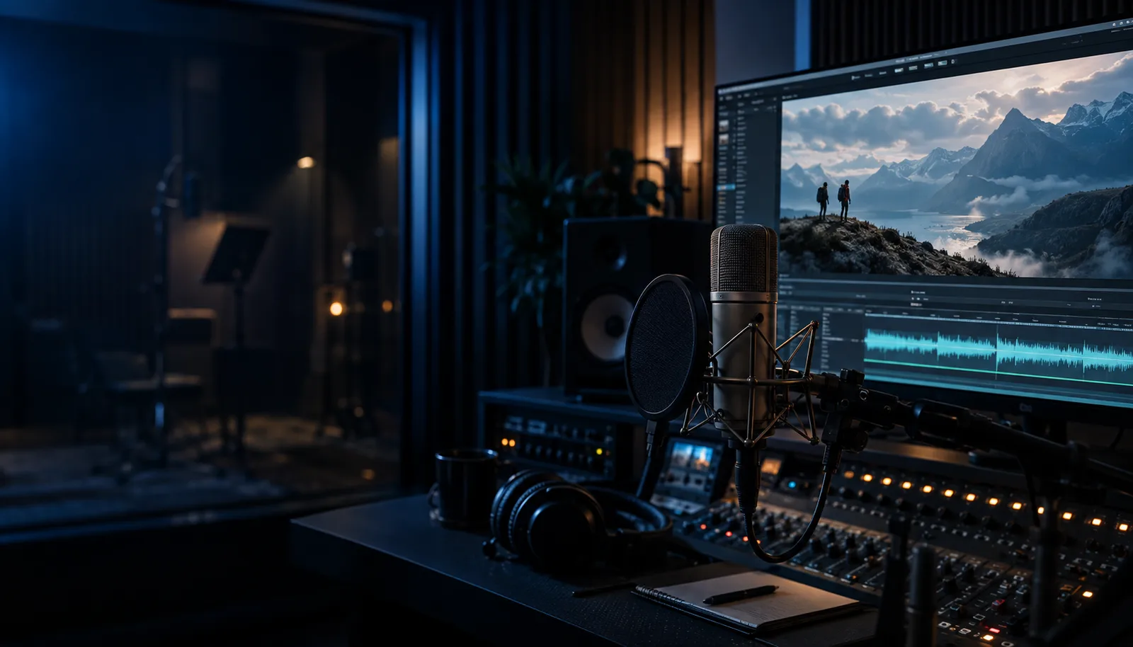Recording studio with a microphone and mixing desk