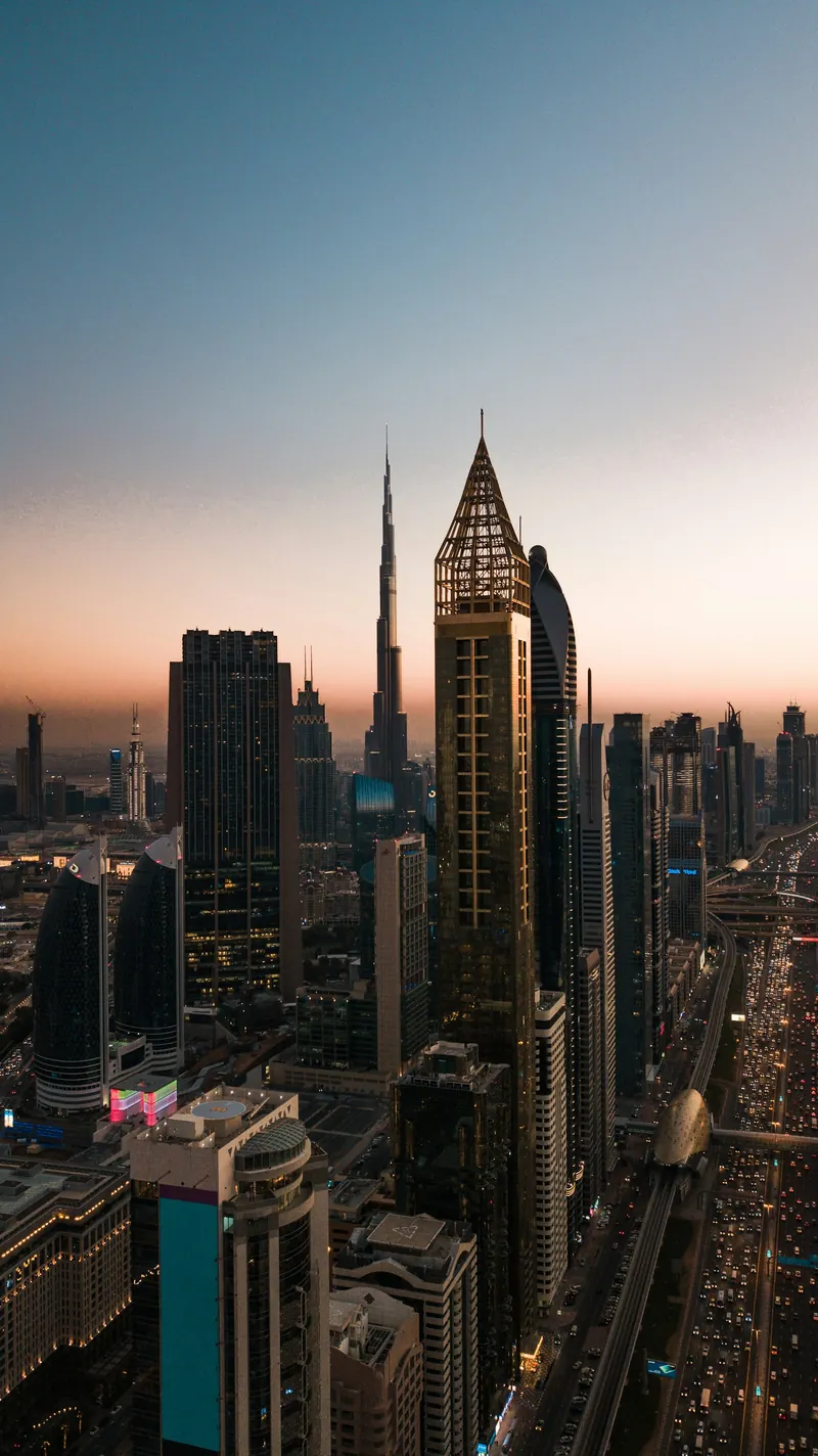 Photograph of the Dubai skyline in an illustrative report