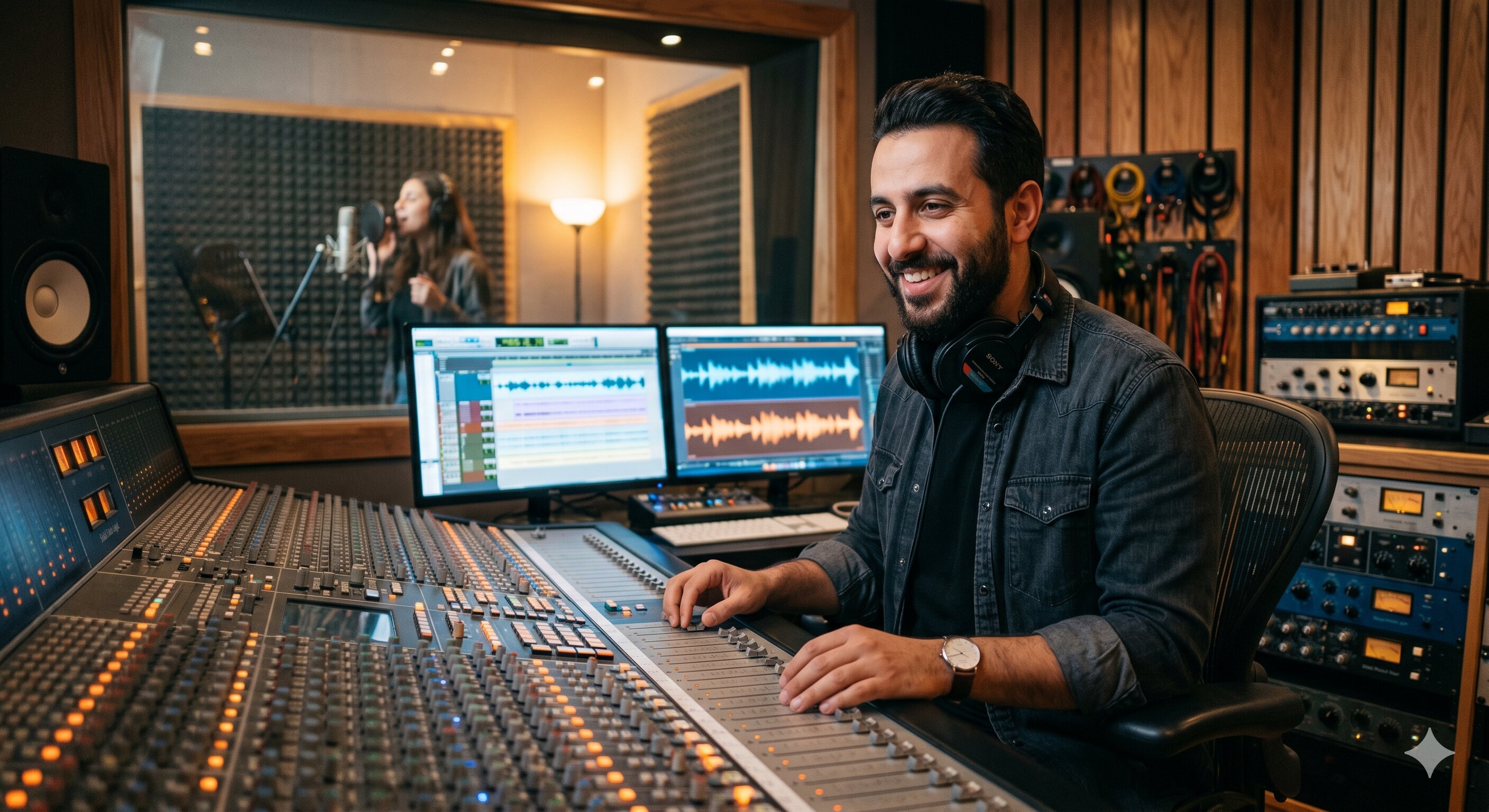 Sound engineer working at mixing board